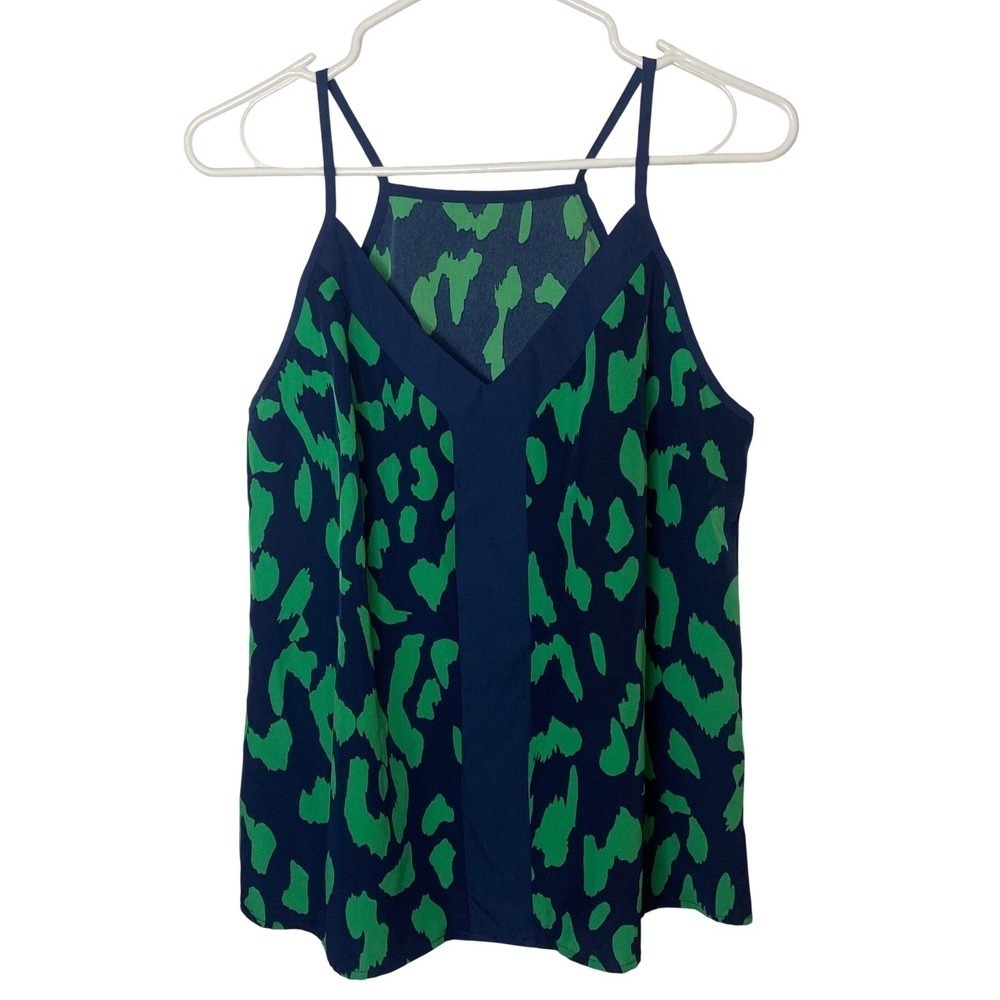 Niay Navy Blue Green Leopard Print Cami V-Neck Spaghetti‎ Strap Tank Top Medium